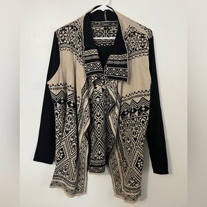 100% Cotton Lucky Brand Black and Tan Aztec Waterfall Open Front Cardigan